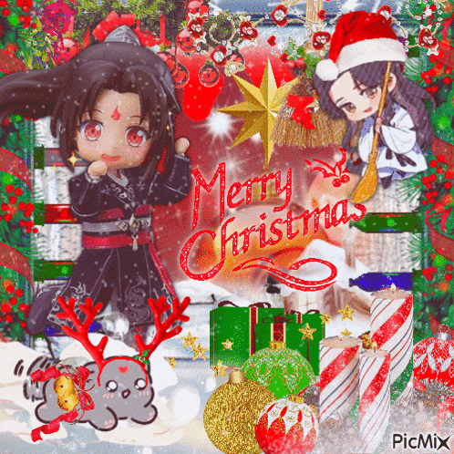 a christmas greeting card with two anime characters and the words merry christmas