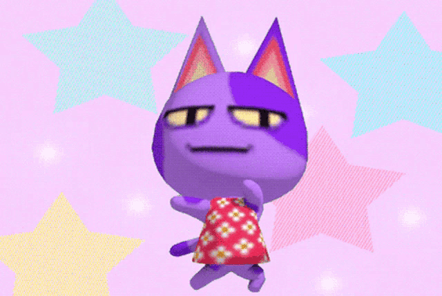 a purple cat wearing a red dress is standing on a pink background