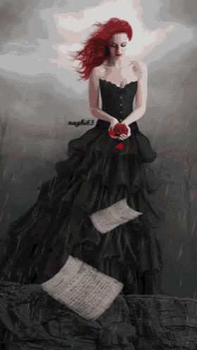 a woman in a black dress is holding a red rose and a piece of paper with the numbers 63 on it