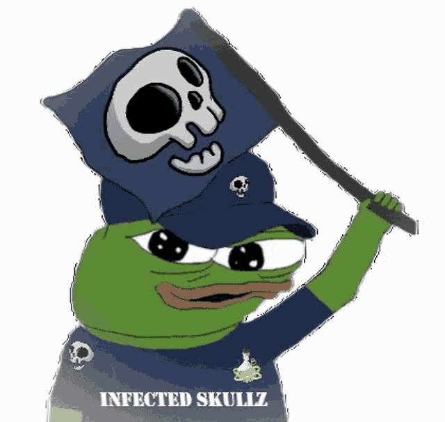 a green frog wearing a blue shirt that says infected skullz holds a flag