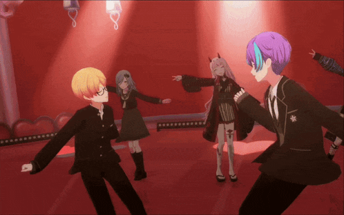 a group of anime characters dancing on a stage