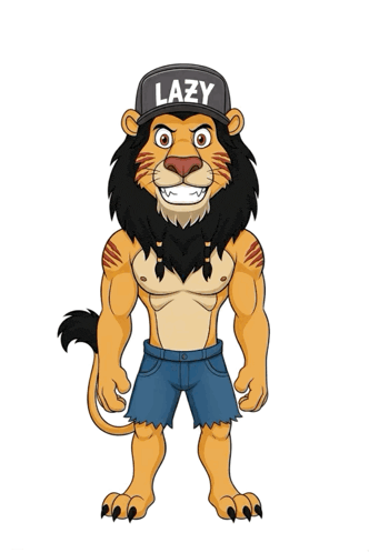 a cartoon lion wearing a hat that says lazy on it