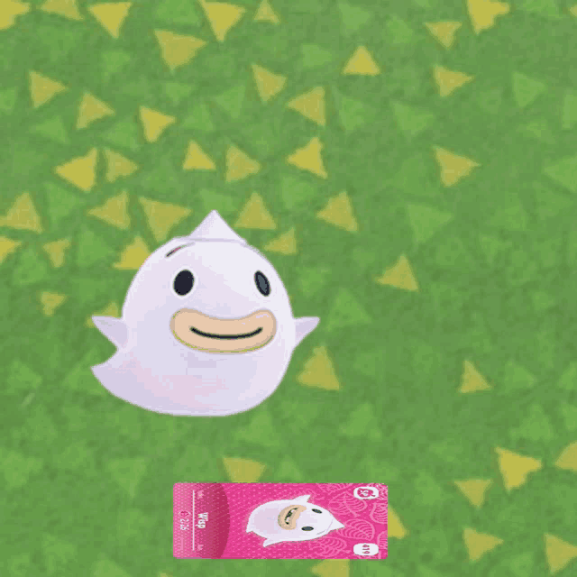 a pink animal crossing card with a white ghost on top