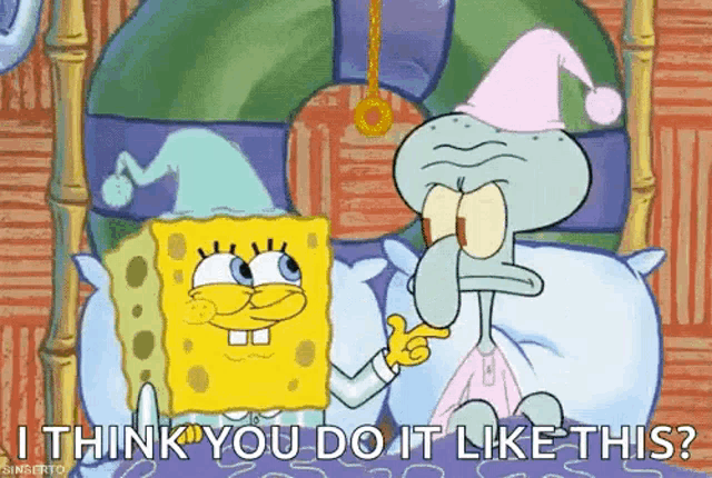spongebob and squidward from spongebob squarepants are sitting next to each other in bed .
