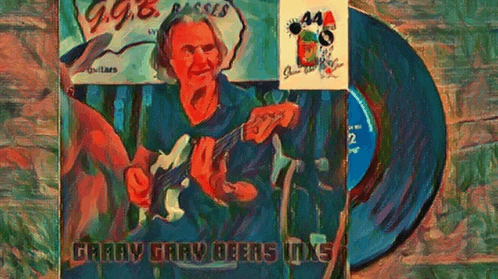 a colorful painting of a man playing a guitar with the words garry gary owers on the bottom