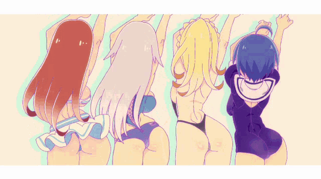 a drawing of four anime girls with their arms up