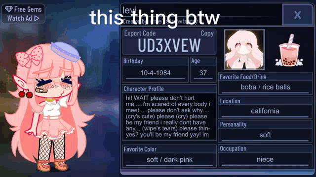 a screenshot of a character 's profile with the name this thing btw