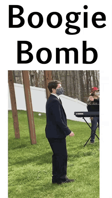 a man wearing a mask is standing in the grass with the words boogie bomb written above him