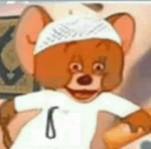 a cartoon mouse wearing a white shirt and a white hat is smiling .