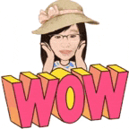 a woman wearing a hat and glasses is holding her hands to her face and standing next to the word wow .