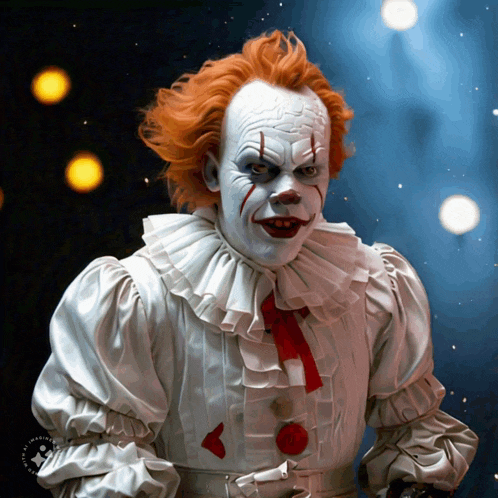 a clown with red hair and white face paint is holding a knife in his hand