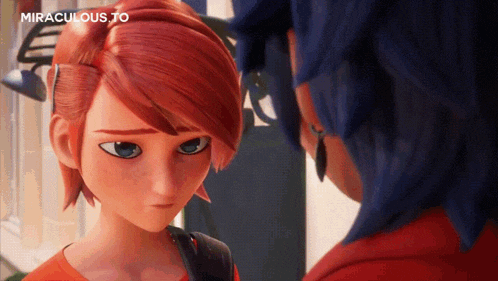 two cartoon characters are looking at each other with miraculous to written on the bottom