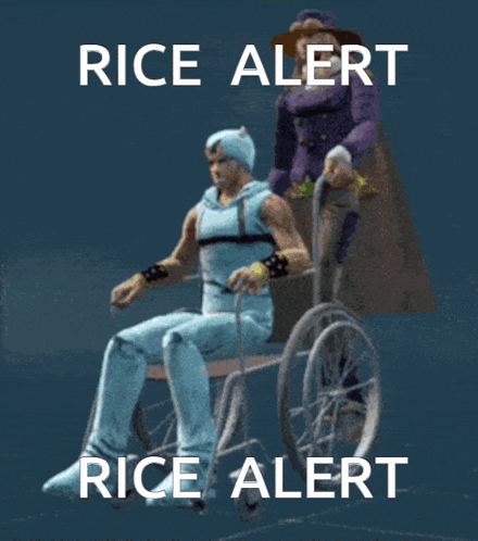 a man in a wheelchair is being pushed by a man in a cape that says rice alert rice alert