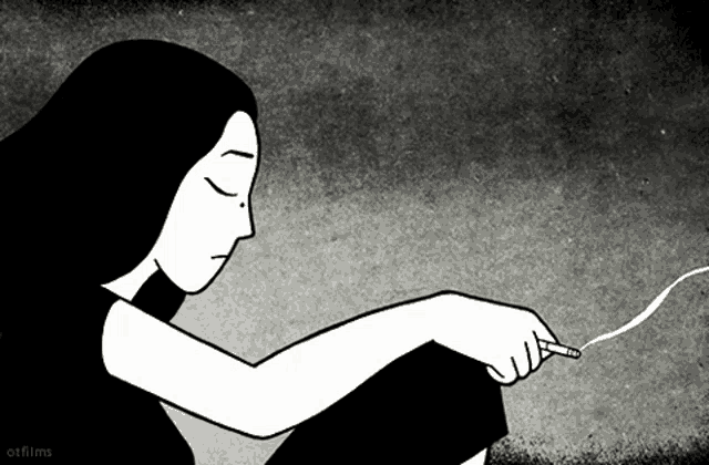a black and white drawing of a woman smoking