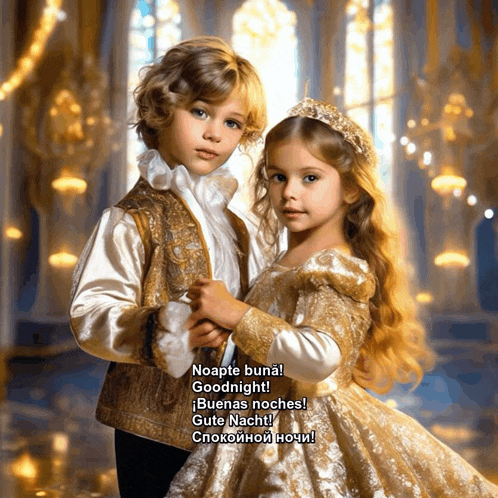 a boy and a girl are dancing in a castle and the girl is wearing a crown