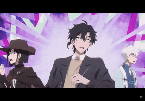 three anime characters are standing next to each other and one of them has the letter m on his shirt