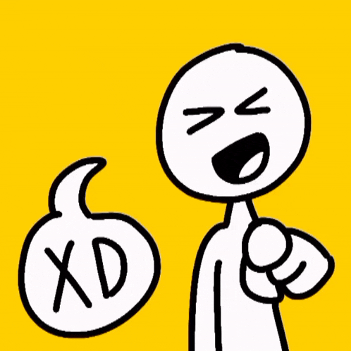 a cartoon character is laughing and pointing at a xd sign
