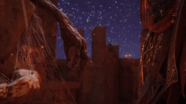 a video game character with horns and a shield stands in front of a starry sky