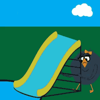 a cartoon drawing of a bird going down a slide