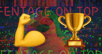 a fist and a trophy are in front of a screen that says " percentage on top "