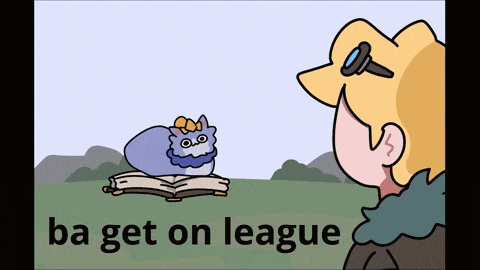a cartoon of a person looking at a cat on a book with the words ba get on league below it