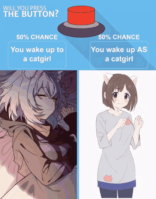 a picture of a girl with cat ears next to a button that says will you press the button