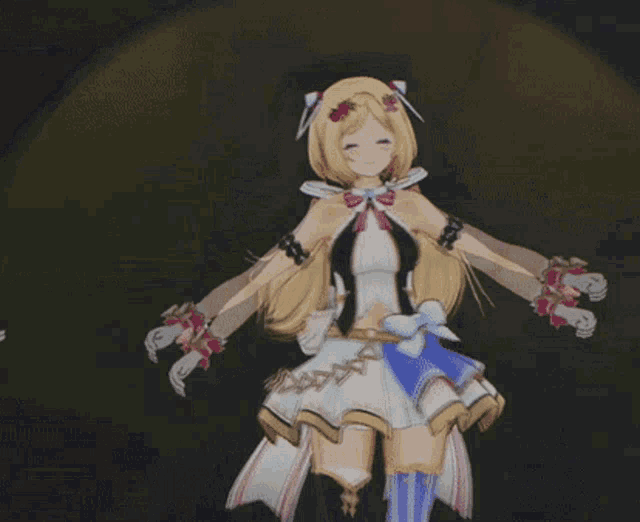 a girl with a bow on her head is dancing with her arms outstretched in a dark room