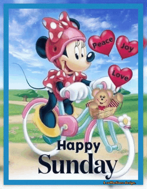 minnie mouse is riding a bike with balloons that say peace joy love