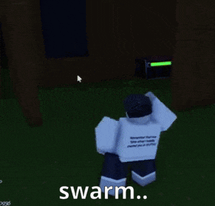 a group of cartoon characters are standing next to each other with the words swarm written on the bottom of the screen .