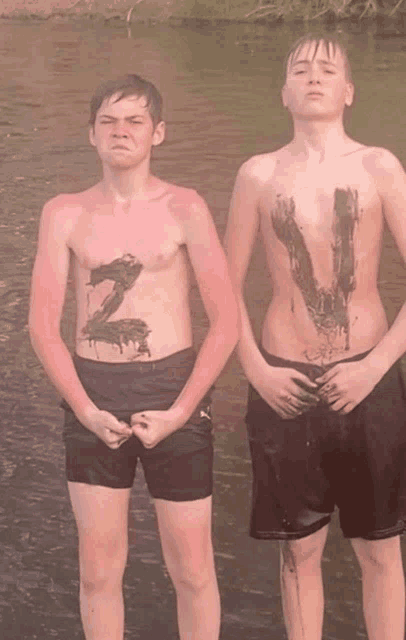 two boys are standing next to each other and one of them has the letter z on his chest