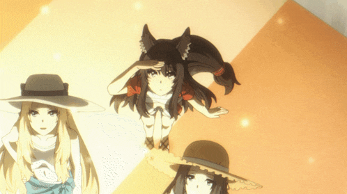 three anime girls are standing next to each other and one has a cat ear