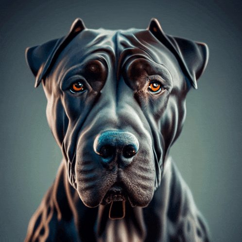 a close up of a dog 's face with orange eyes