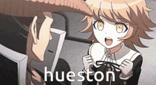 a man and a girl are standing next to each other and the girl says hueston