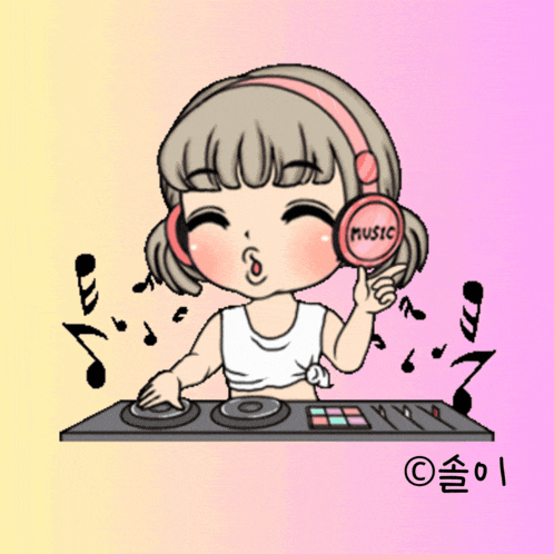 a cartoon of a girl wearing headphones with the word music on it