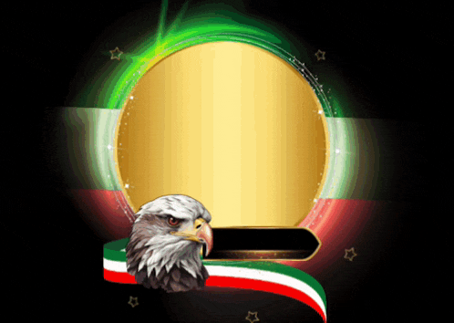 an eagle is sitting in front of a flag with a gold circle in the middle