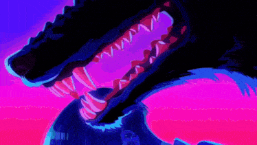 a pixel art drawing of a monster 's claws against a purple and pink background