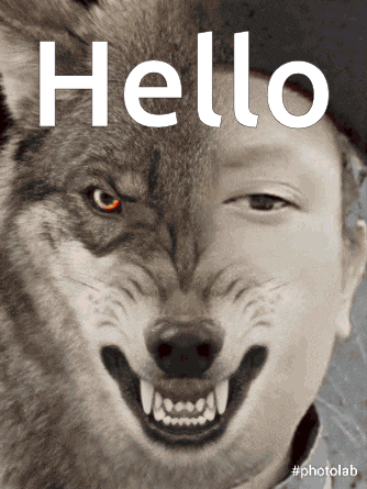 a black and white photo of a wolf and a child with the word hello on the bottom