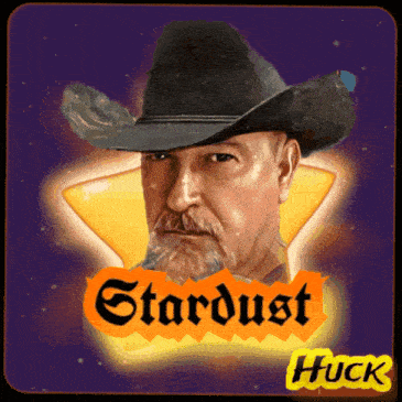 a man wearing a cowboy hat with the words stardust huck behind him