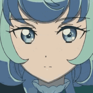 a close up of a anime girl 's face with blue hair