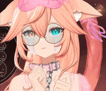 a girl wearing glasses and a pink collar has tears running down her face