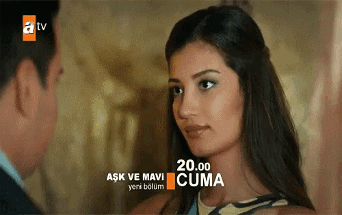 a man and a woman are looking at each other with the words 20.00 cuma on the bottom