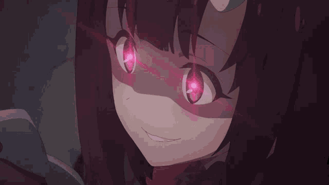a close up of an anime character with red eyes