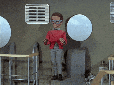 a cartoon character wearing glasses and a red jacket is standing in front of a mirror