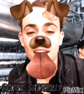 a picture of a man with a dog mask on his face with the caption robbie silly willy
