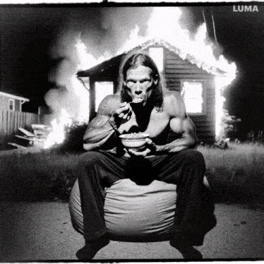 a black and white photo of a man eating cereal in front of a house on fire