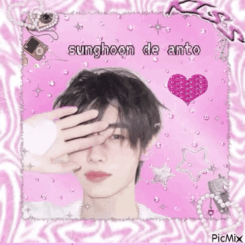 a man is covering his face with his hand in a pink frame .