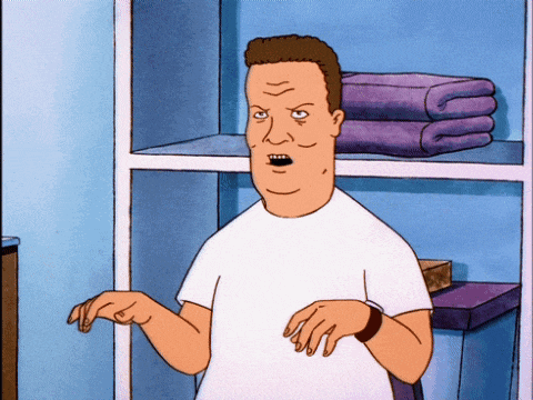 a cartoon of king of the hill standing in front of a shelf with towels on it