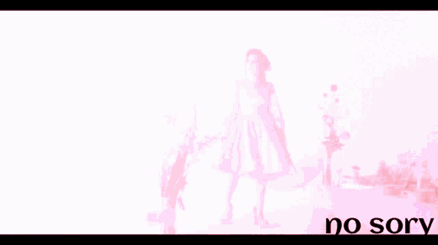 a woman in a pink dress is holding an umbrella in front of a table with flowers and the words no sory on the bottom