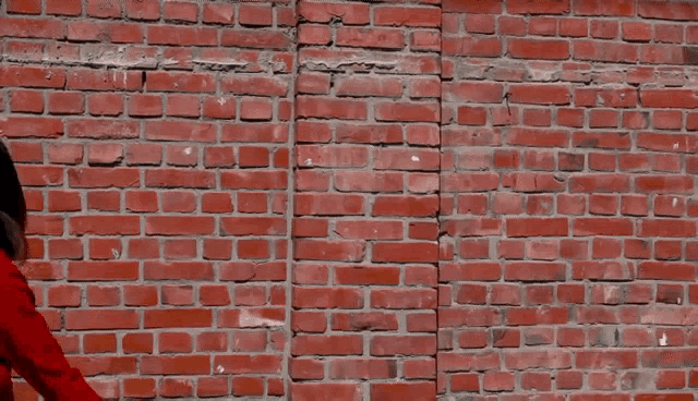 a woman in a red shirt is standing in front of a brick wall