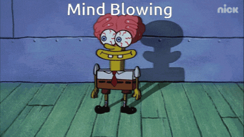 a cartoon of spongebob with a brain on his head and the words mind blowing below him